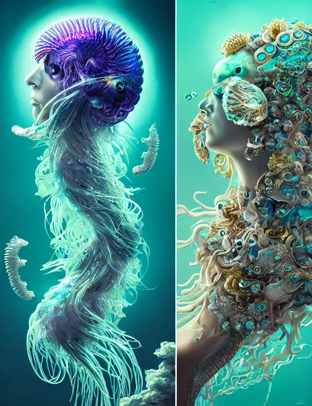 Image similar to goddess macro shouler portrait from bottom to top in crown made of ram skull. betta fish, jellyfish phoenix, bioluminiscent, plasma, ice, water, wind, creature, super intricate ornaments artwork by tooth wu and wlop and beeple and greg rutkowski and alexander fedosav