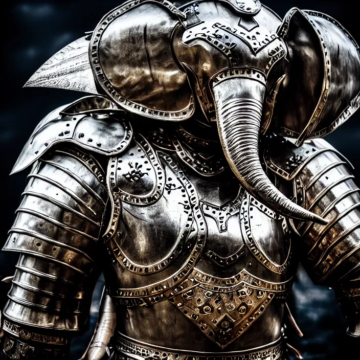 Image similar to photo of a warrior with metal elephant themed armour, highly detailed, 4 k, hdr, smooth, sharp focus, high resolution, award - winning photo