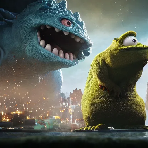 Image similar to mr. bean godzilla super mario pickle rick yoda donkey kong pikachu yeti shrek spongebob homer groot kermit in gears of war, splash art, movie still, detailed face, photorealistic facial features, cinematic lighting, dramatic, octane render, long lens, shallow depth of field, bokeh, anamorphic lens flare, 8 k, hyper detailed, 3 5 mm film grain