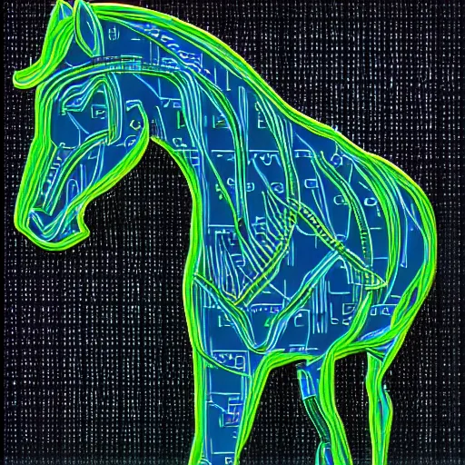 Image similar to digital horse, glowing circuit board patterns along body, retrowave palette, highly detailed, anatomically correct equine, digital art