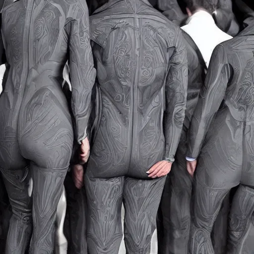 Image similar to love, diverse many dark grey cybersuits, from behind, grey rituals, wide wide angle, vivid, elaborate, highly detailed, beautiful lighting