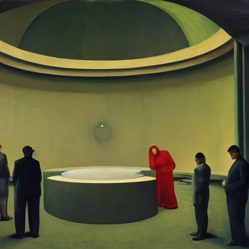 Image similar to scientists inspecting a giant creature in a dome - shaped control center, grant wood, pj crook, edward hopper, oil on canvas