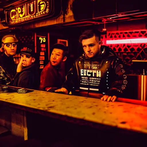 Image similar to photograph of retro techwear people loitering near the bar of a packed busy rundown nightclub, retrofuturism, brutalism, cyberpunk, sigma 85mm f/1.4, 35mm, 4k, depth of field, high resolution, 4k, 8k, hd, highly detailed, full color