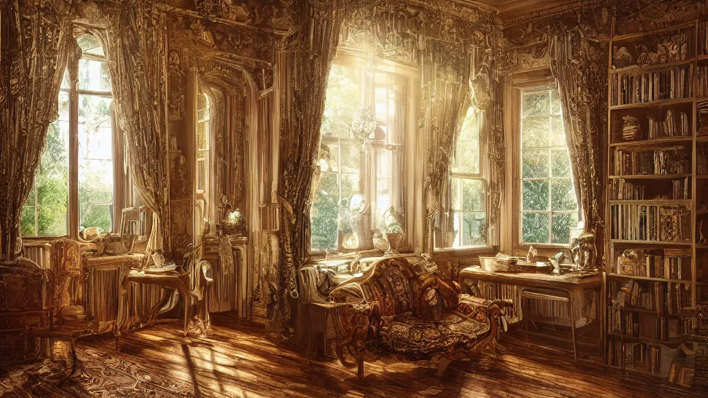 Image similar to richly decorated Victorian house, beautiful, detailed wood, photorealistic, photorealism, the autumn light comes in through a window, diffuse light, cybernetics