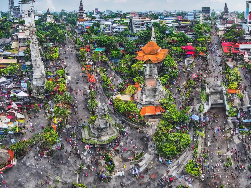 Image similar to tugu jogja with details, and panoramatic view, and dense city crowd feels with javanese wore traditional dress everywhere, high definition art, 4 k images