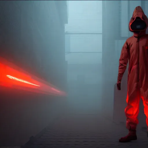 Image similar to villain wearing a red oni mask, orange hazmat suit, dark background, unreal engine 5, ultra realistic, detailed, fog, volumetric lighting, by greg rutkowski,