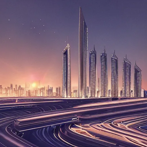 Image similar to “most advanced Dubai city dramatic lighting detailed straight lines and elegant curves beautiful sunset road network vegetation water lights birds clouds proportional symmetrical minimalism photorealistic sky render octane architecture design planning”