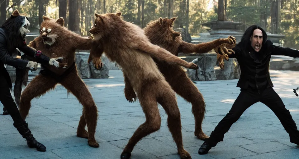 Image similar to still of nicolas cage fighting furry cosplayers, 4 k, amazing details, 3 5 mm, beautiful choreographed fight scene, beautiful composition, shot by director park chan - wook