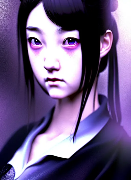 Prompt: an attractively pretty young woman with morbid thoughts wearing a Japanese-style school uniform, she is the queen of black roses, by Casey Baugh, Steve Caldwell, Gottfried Helnwein, Yasunari Ikenaga, and Range Murata, digital render, hyperrealism, 1970s Italian film lighting, 8k resolution, masterpiece work.
