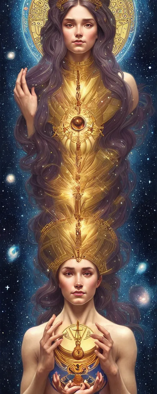 Image similar to perfectly detailed goddess of galaxies portrait judgement tarot card!! blessed by the universe with ever - increasing physical mental perfection, symmetrical! intricate, sensual features, highly detailed, universeral divine perfection!! digital painting, artstation, concept art, smooth, sharp focus, illustration, art by artgerm and greg rutkowski and alphonse mucha