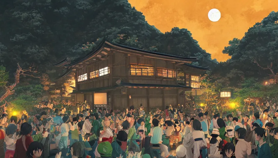 Image similar to party in a japanese village built in green mountains, fireplace, banquet, fireworks, lights at night, moon, manga style, hyperdetailed, artstation, cgsociety, 8 k