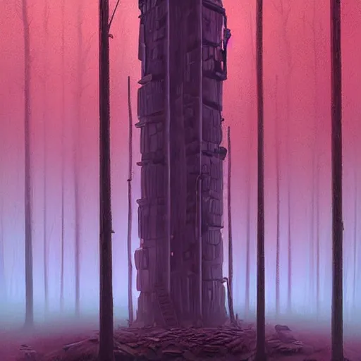 Prompt: Monumental old ruins tower of a dark misty forest, overcast, sci-fi digital painting by Simon Stålenhag