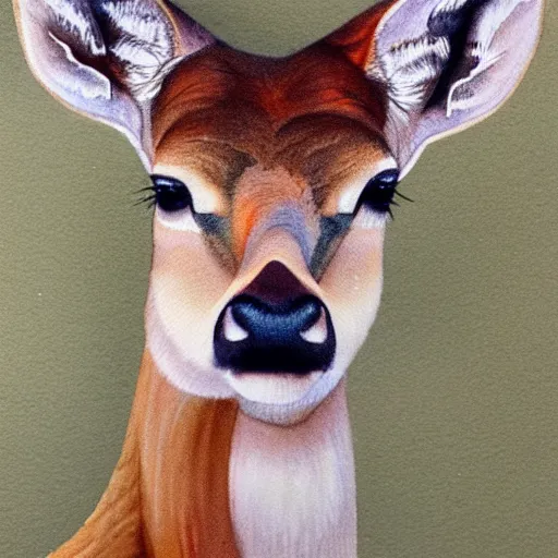 Prompt: a calming watercolour painting of a deer. deer portrait. symmetric. trending on artstation