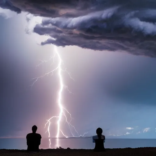 Image similar to humans praying in fear in front of a dangerous seal statue, storm clouds and lightning arcing through the sky, fire glowing and backlighting the scene, 4K photo