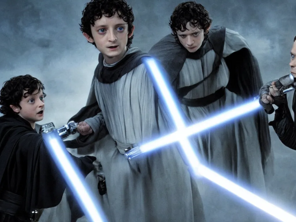 Image similar to Elijah Wood Frodo vs Darth Vader in lightsaber combat