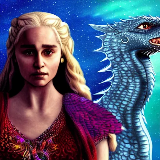 Image similar to colorful digital art of khaleesi, mother of dragons, dramatic pose, starry background highly detailed, 4k