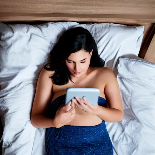 Image similar to young woman with cinnamon colored skin and dark blue hair on her phone under the white sheets on her white bed, masterpiece , Corporate Memphis , award winning. Post-processing