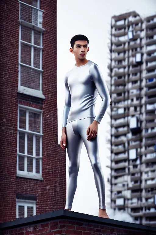 Image similar to un ultra high definition studio quality photographic art portrait of a young man standing on the rooftop of a british apartment building wearing soft padded silver pearlescent clothing. three point light. extremely detailed. golden ratio, ray tracing, volumetric light, shallow depth of field. set dressed.