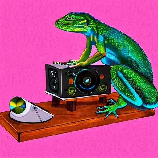 Prompt: a lizard dj, digital art, artstation, playing records