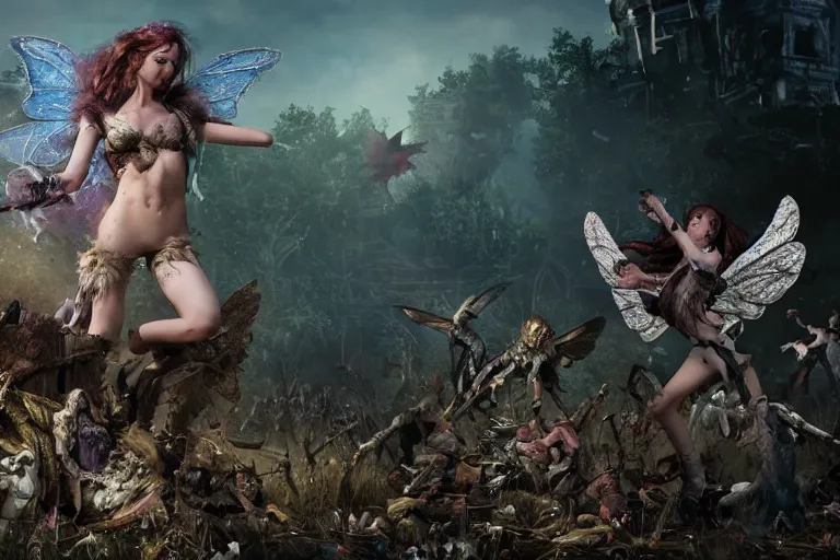 Image similar to The beautiful fairy girl, with tattered wings and torn clothes ,fights off a hoard of undead monsters and zombies, firing a pistol, while standing on a pile of bones, hyper realistic, octane render, cinematic, golden ratio, curved lines, the dark tower, dramatic lighting shadows, detailed illustration, 8k, intricate details, oil painting, 3d scene, render, ultra realistic, zenith view, Greg Rutkowski, artstation, cgsociety, level design, unreal engine, 3d scene, render, ultra realistic, zenith view, Enki Bilal style