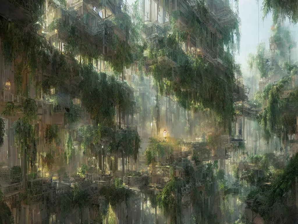 Image similar to the antique green city of babylon with its wonderful hanging gardens at dawn, intricate, elegant, volumetric lighting, digital painting, highly detailed, artstation, sharp focus, illustration, concept art, ruan jia, steve mccurry