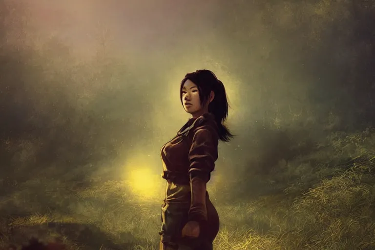 Image similar to fallout 5, charismatic beautiful rugged asian female protagonist, portrait, outdoors japanese rural countryside, atmospheric lighting, painted, intricate, volumetric lighting, daytime, winter, clear weather, mutated wildlife, golden hour, sharp focus, deep colours, ultra detailed, art by william turner