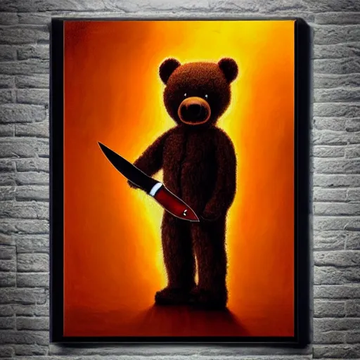 Prompt: teddy bear scary monster with the knife in his hand atmospheric lighting, colorful painting, golden ratio, by Jason Edmiston