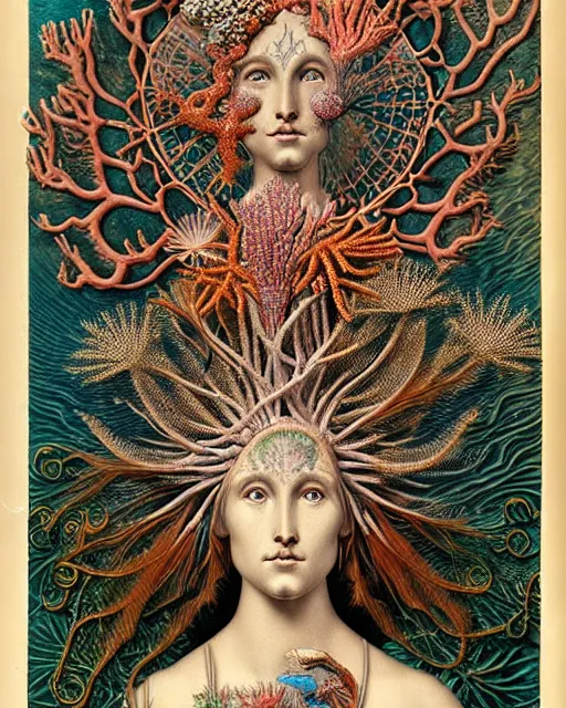 Prompt: hyperrealistic detailed underwater face portrait of the beautiful goddess of the fish with an intricate headgear of corals, sea kelp, sea plants, fish, starfish, jellyfish, art by ernst haeckel, james jean, gothic, neo - gothic, ornamental, beautiful deep colours,