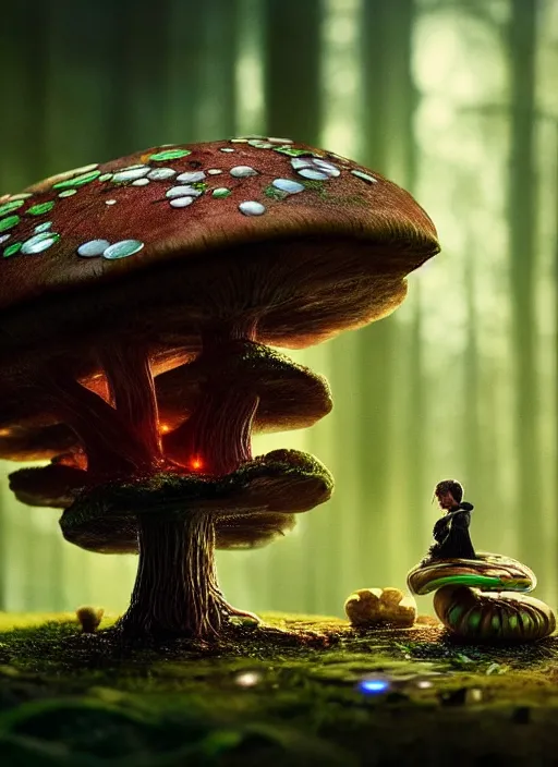 Image similar to portrait of an intricate mechanical caterpillar sitting on a mushroom in a magical forest. Very detailed 8k. Fantasy cyberpunk horror. Sharp. Cinematic post-processing