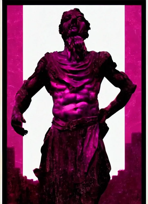Prompt: elegant dark design poster showing a statue of julius caesar, black background with very subtle red and purple design elements, powerful, vito acconci, thin straight purple lines, dark, glitch art, neo vaporwave, gritty, layout frame, square, trending on artstation