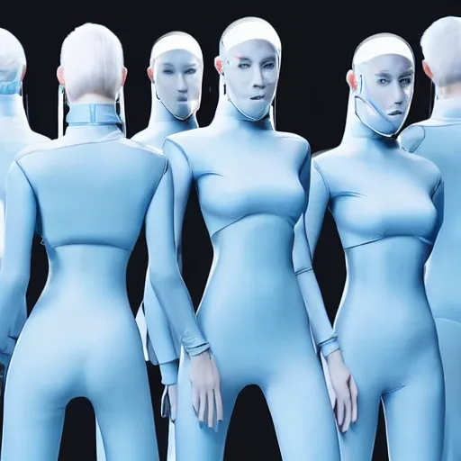 Image similar to troop of cloned women with white bob hairdos, tight light blue neopren suits, futuristic cloning facility, sci - fi, highly detailed, cinematic