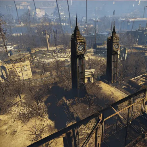 Image similar to The ruins of Big Ben, screenshot from Fallout 4