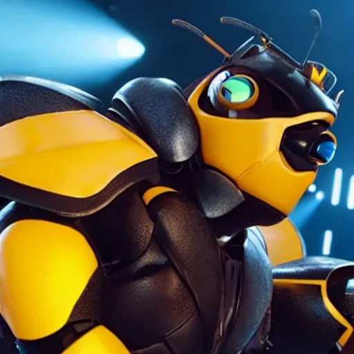 Image similar to bumblebee singing on stage with a keyboard in a pixar movie