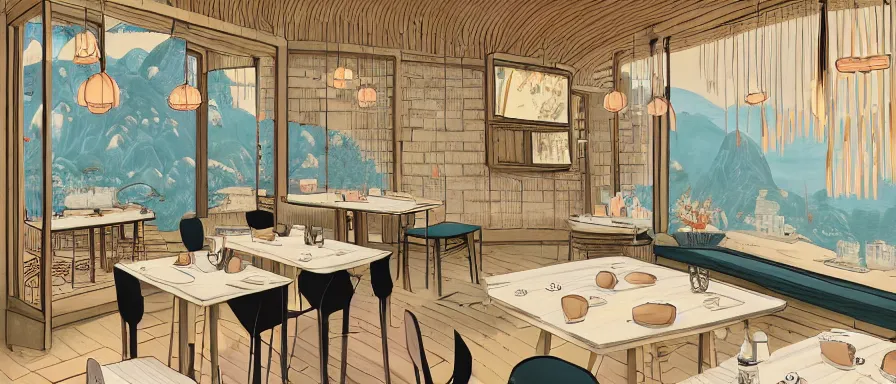 Image similar to a beautiful interior view illustration of a small roasted string hotpot restaurant of baota mountain in yan'an city, animation illustrative style, from china, restaurant wall paper is a tower on a mountain, rectangle white porcelain table, black chair, simple style structure decoration design, victo ngai, james jean, 4 k hd