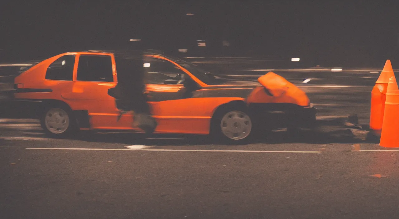 Prompt: Action shot of an orange construction traffic cone smashing the windshield of a single 1993 brown nissan maxima, photo realistic, night, photo realistic, depth of field, award winning, cinematic, color graded