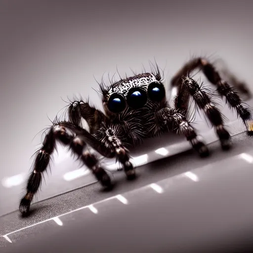 Image similar to a jumping spider pressing his tiny keyboard keys, by pixar, macro lens, iridescent, character concept art grid