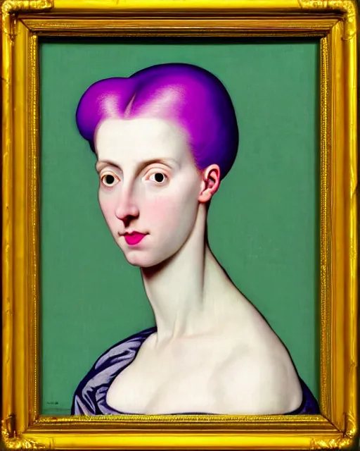 Prompt: portrait of a young pale woman with lilac hair, wearing a neon yellow dress by Vivienne Westwood, intricate details, cyberpunk, super-flat, in the style of James Jean, Jean Auguste Dominique Ingres, black background