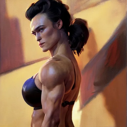 Image similar to greg manchess portrait painting of confident keira knightley as beautiful thick female bodybuilder zarya from overwatch, medium shot, asymmetrical, profile picture, organic painting, sunny day, matte painting, bold shapes, hard edges, street art, trending on artstation, by huang guangjian and gil elvgren and sachin teng