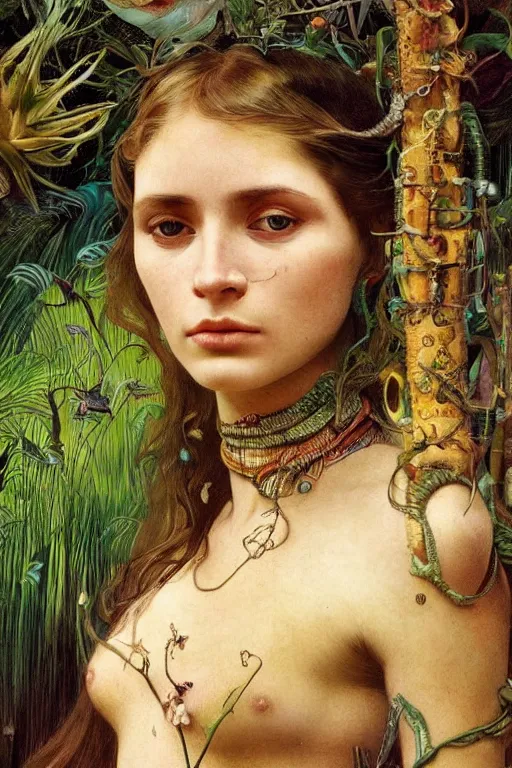 Image similar to realistic detailed portrait of bohemian girl in jungle by denis villeneuve, amano, yves tanguy, alphonse mucha, ernst haeckel, max ernst, roger dean, ridley scott, dynamic closeup