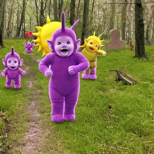 Image similar to teletubbies on cemetery trail camera footage