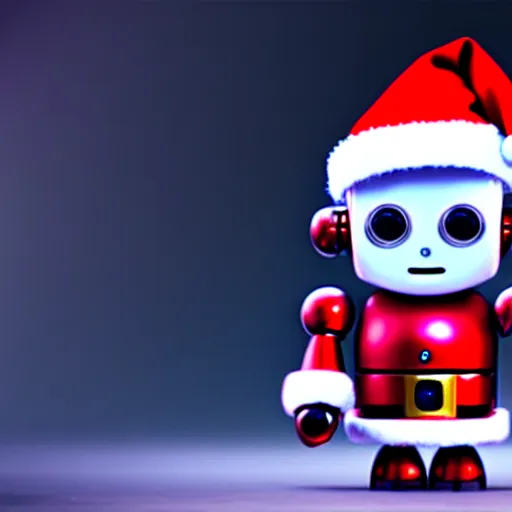 Image similar to a cute little robot with a santa claus hat. super realistic 8 k render of a elegant, cinematic composition