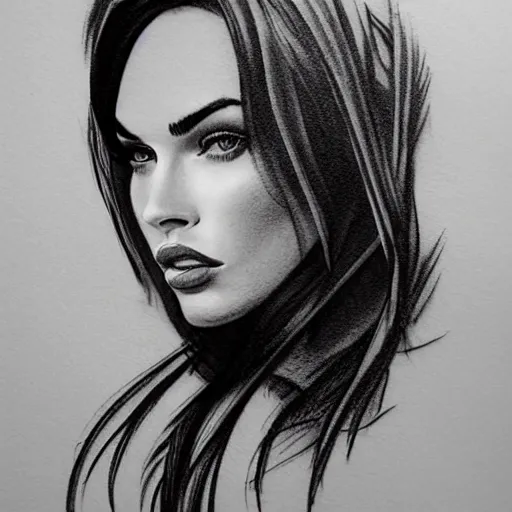 Image similar to tattoo sketch of megan fox's face shape in amazing mountain scenery, in the style of dan mountford