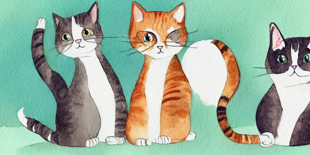 Image similar to watercolor illustration style, cute cat call to another cat by mobile phone