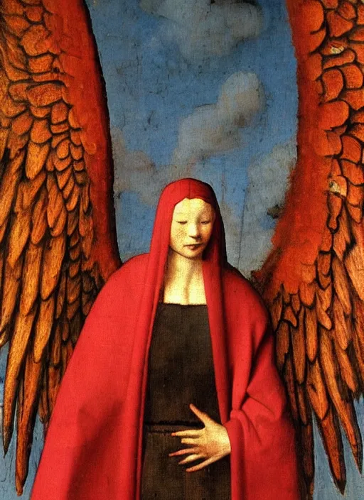 Image similar to Flying Fallen Angel with wings dressed in red, Medieval painting by Jan van Eyck, Johannes Vermeer, Florence