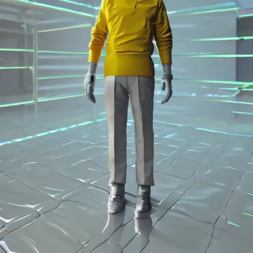 Image similar to multicolor 3 d render of walter white wearing yellow outfit by @ beeple _ crap in 4 k ultra high resolution, with depressive feeling