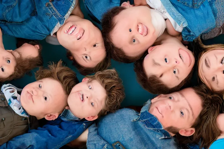 Image similar to A beautiful family portrait, but everyone's head is upside down or on backwards, photography, 85mm, photorealistic