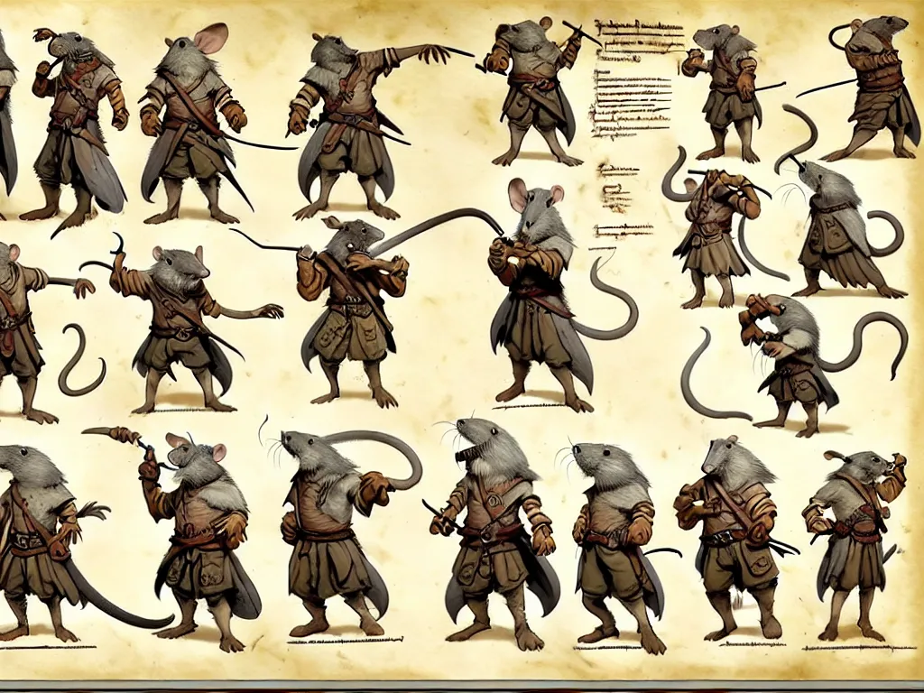 Image similar to character design sheet for a group of heroic rat pirates on a parchment background, redwall, greg rutowski and jean baptiste monge, very very detailed, epic fantasy concept art