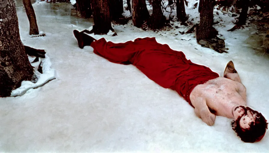 Prompt: 1 9 6 0 s movie still of marcus aurelius frozen to death under the snow by the side of a river in a red toga with a tired marked face, pine forests, cinestill 8 0 0 t 3 5 mm, high quality, heavy grain, high detail, texture, dramatic light, anamorphic, hyperrealistic, detailed hair, foggy