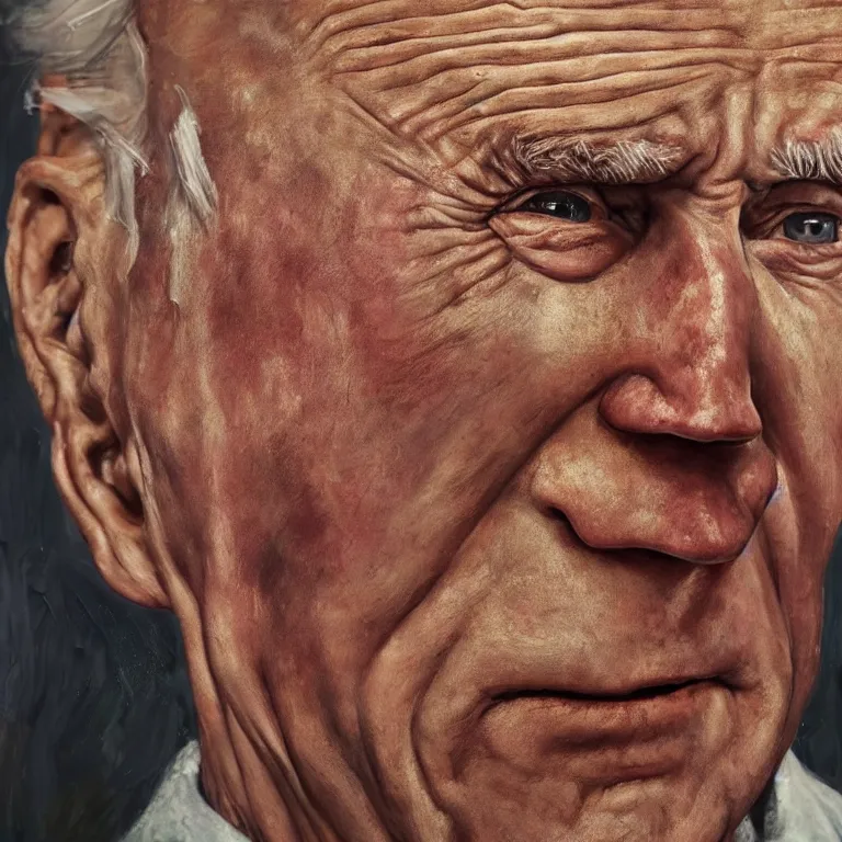 Image similar to hyperrealistic close up studio portrait of aging old Joe Biden age 103 wrinkled sad, oil painting by Ivan Albright and Lucian Freud and Ron Mueck, trending on artstation Studio lighting hyperrealism