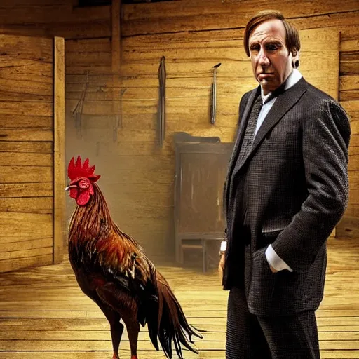 Image similar to saul goodman and a rooster in a medieval torture chamber, saw blades and knives in the background, horror movie, saul goodman, rooster, real life photo, detailed face